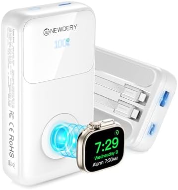 NEWDERY 20000 m Ah High-Capacity Portable Charger with Built-in Cables – Fast PD 20 W Power Bank for Apple Watch, i Phones, i Pads, and Samsung Devices – Ultimate Travel Companion for Uninterrupted Power and Enhanced Compatibility