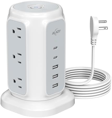 Maximize Your Power Potential with Ai Joy’s Space-Saving Flat Plug Power Strip Tower – 9 Outlets & 5 USB Ports (2 USB-C) for Rapid Charging, 1200 Joules Surge Protection, 6.5 Feet Extension Cord – Ideal for Home, Office, and Dorm Use – Durable, Efficient, and Compact Design for Uncluttered Charging Solutions