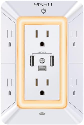 YISHU 3-Sided Surge Protector Power Strip – 6 Outlet Extender with 3 Fast-Charging USB Ports (1 USB-C) and Integrated Night Light – ETL Listed for Superior Safety and Compatibility – Ideal for Home and Office Use – Compact Design for Efficient Space Utilization