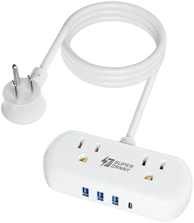 Compact USB Charging Station Power Strip – SUPERDANNY Mini Surge Protector with 2 Extra Wide Outlets, 4 USB Ports (3 USB-A & 1 USB-C), 5 Ft Cord, Flat Plug Design for Space-Saving Convenience, Ideal for Home, Office, and Travel Use – Enhanced Power Efficiency and Safety Features