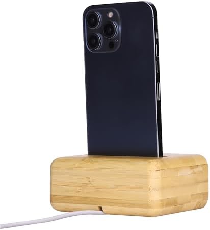 Navaris Bamboo Phone Stand – Bamboo Phone Stand for Desk – Enhanced Sound with Built-in Amplifier – Portable Bamboo Cell Phone Holder Charging Dock for Kitchen Office Bedside – Enhanced Compatibility and Speed