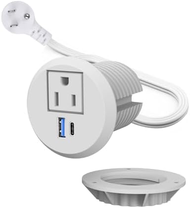 Recessed Desktop Power Grommet with PD 20 W Fast Charging USB-C and QC3.0 USB-A Ports – ETL Certified 2-Inch Outlet for Office, Home, Nightstand, and Kitchen with 6 ft Extension Cord (Black) – Streamlined Charging Solution to Minimize Clutter and Maximize Efficiency
