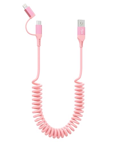 Versatile 2-in-1 Coiled Pink Charger Cable – USB to Lightning & USB-C for Fast Charging & Data Transfer, Compatible with i Phone 11-16 & Android Devices, Supports Apple Car Play & Android Auto, Stylish & Durable Design for Effortless Connectivity
