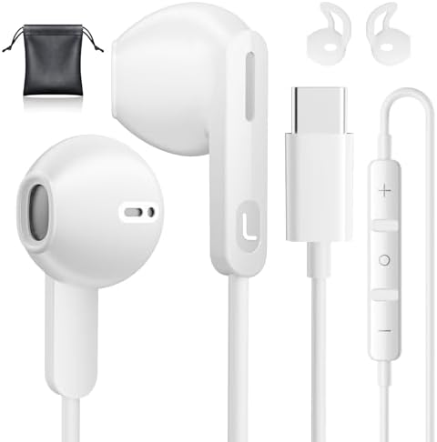 USB C Headphones – Type C Earbuds for i Phone 15/16 Pro Max and Samsung Galaxy S25 – Noise Isolation Stereo Wired Earphones with Built-in Microphone for Enhanced Audio Quality and Comfort – Perfect for Music Lovers and Podcast Enthusiasts – Ergonomic Design for Long-lasting Wear – Compatible with Android and i OS Devices