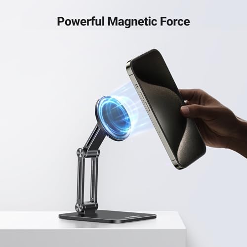 UGREEN Magnetic Phone Stand Compatible with MagSafe iPhone Holder for Desk Ergonomic Design Adjustable, Aluminum Cell Phone Stand Compatible for iPhone 16 15 14 13 12 Pro Max and MagSafe Case, Black – Enhanced Compatibility and Speed