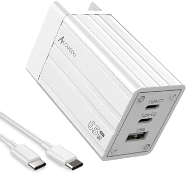 Power Up Efficiently: 65 W Ga N USB-C Charger with 3-Port Fast Charging Block for Mac Book, i Phone, i Pad & Samsung Devices – Universal Adapter with Type C Cable for Rapid Device Compatibility and Energy Efficiency