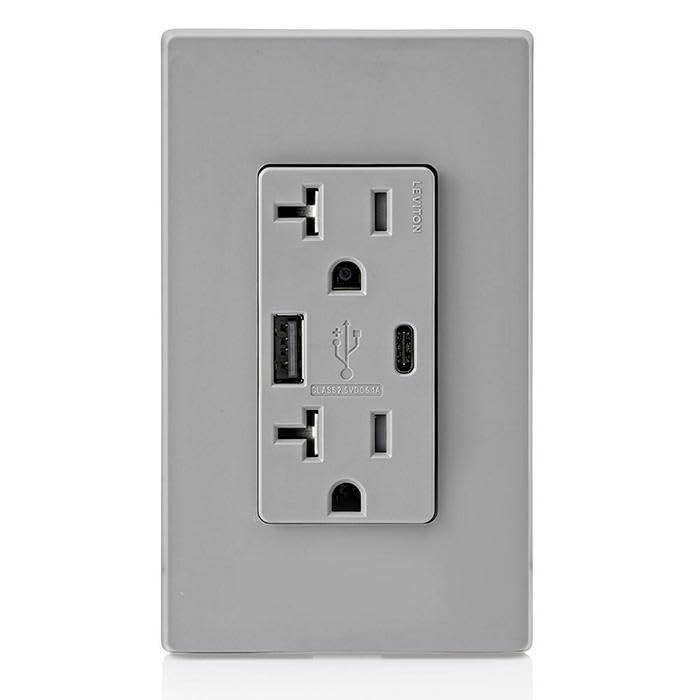 Leviton Dual USB In-Wall Charger with 20 A Tamper-Resistant Outlet – Type A & Type-C Compatibility for Smartphones and Tablets, Light Almond Finish – Streamlined Charging Solution for Home and Office Spaces