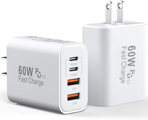 40 W USB C Charger Block – Dual Pack of 4-Port Fast Charging Power Bricks with PD & QC 3.0 Technology for i Phone 16/15/14/13/12/11 Pro Max, i Pad, Galaxy, Pixel – Sleek White & Blue Design for Convenient Multi-Device Charging