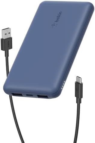 Belkin 10,000 m Ah Portable Charger – Fast Charging USB C Power Bank with Dual USB-A Ports for Multiple Devices, Includes Type-C to Type-A Cable, Compatible with i Phone 16, Samsung Galaxy S25, Nintendo Switch 2, i Pad & More – Lightweight Blue Design for Effortless Portability and Enhanced Power Delivery