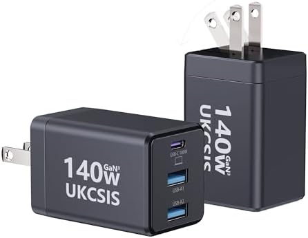 Ultra-Compact 140 W Ga N USB-C Fast Charger – Triple-Port Power Hub for Rapid Charging of Mac Book Pro, i Pad Pro, Galaxy, and i Phone – Foldable Travel Design with 4 ft Cable for Effortless Portability and Efficient Power Solutions