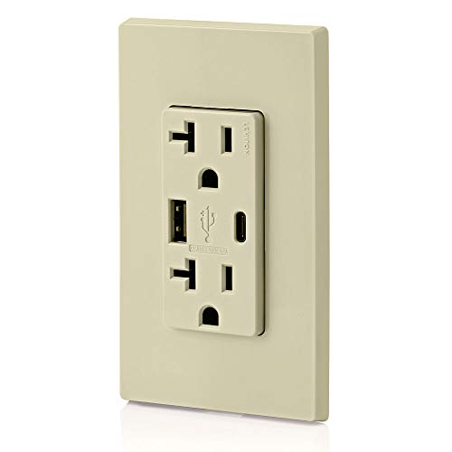 Leviton Dual USB In-Wall Charger with 20 A Tamper-Resistant Outlet – Type A & Type-C Compatibility for Smartphones and Tablets, Light Almond Finish – Streamlined Charging Solution for Home and Office Spaces