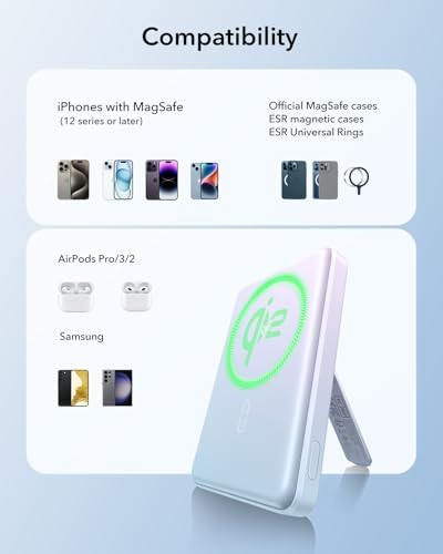 ESR Mag Safe 5,000 m Ah Portable Power Bank with Kickstand – Ultra-Slim 0.6 in Design, 15 W Qi2 Certified Fast Charger for i Phone 16/15/14/13/12 – Includes 20 W USB-C Charging Cable for Effortless Power On-the-Go