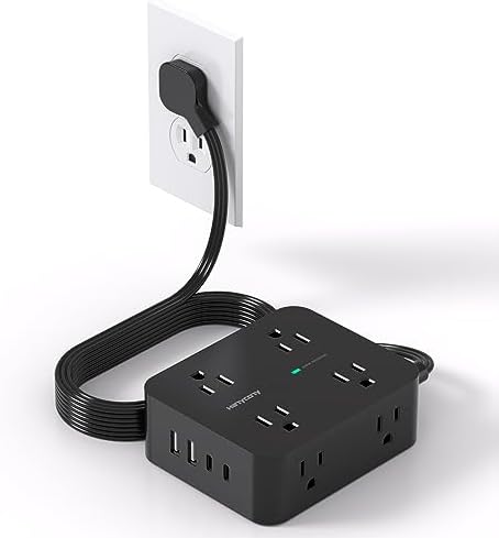 Maximize Your Power Efficiency with HANYCONY 5 Ft Ultra Thin Flat Plug Surge Protector Power Strip – 8 Outlet Extender & 4 Fast-Charging USB Ports (2 USB-C) for College Dorm Room Essentials – 1080 Joules Surge Protection & Wall Mount Design in Sleek Black Finish