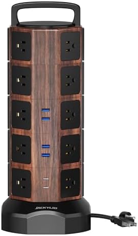 JACKYLED 20-Outlet Power Strip Tower Surge Protector with 6 Fast USB Ports – 1050 Joules Safety Shield, 13 A Desktop Charging Station with 6.5 ft Heavy-Duty Cord, Elegant Black Walnut Design for Home, Office & Garage Use – Ultimate Device Power Solution
