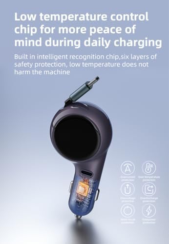 60 W Retractable USB-C Car Charger – Dual-Port Fast Charging Adapter for i Phone 15, Samsung, i Pad & Mac Book – Compact Design for Travel with Overcurrent Protection – Ultimate Compatibility & Efficiency on the Road