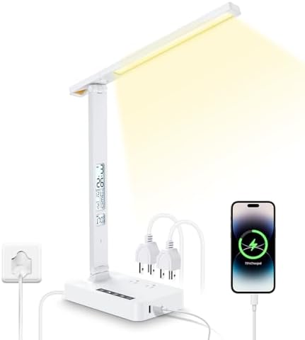 Versatile Power Strip Lamp with USB Charging: 2 AC Outlets, 1 USB-A & 1 Type-C Port, Adjustable Brightness Desk Lamp for Home Office & Dorm Room, 5 ft Extension Cord with Surge Protection for Ultimate Device Safety