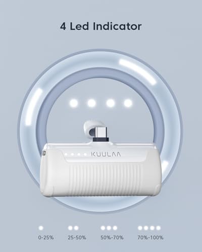 Compact Kuulaa 4500 m Ah Portable Phone Charger with Integrated USB-C Plug – Ultimate Travel Power Bank for i Phone 15/16, Samsung S22/S23 & Android Devices – Fast Charging, Lightweight Design for On-the-Go Convenience