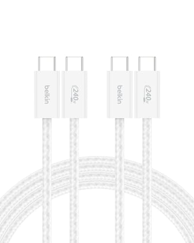 Belkin USB C to USB C Cable 2-Pack – 6.6 ft High-Speed Charging Solution for i Phone 16, Galaxy S25, Mac Book, and More – Durable Braided Design with 240 W Power Delivery for Ultimate Performance – Flexible and Stylish Charging Cords for Home, Office, and Travel