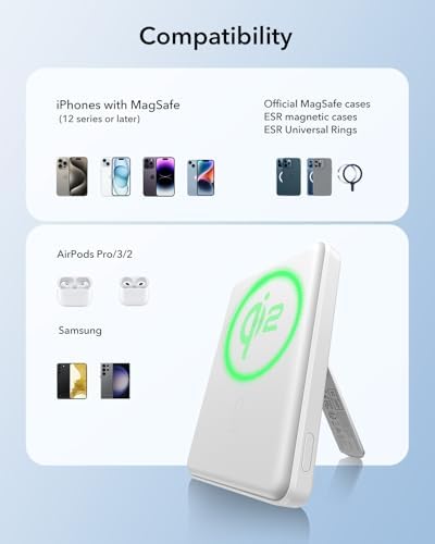 ESR Mag Safe 5,000 m Ah Portable Power Bank with Kickstand – Ultra-Slim 0.6 in Design, 15 W Qi2 Certified Fast Charger for i Phone 16/15/14/13/12 – Includes 20 W USB-C Charging Cable for Effortless Power On-the-Go