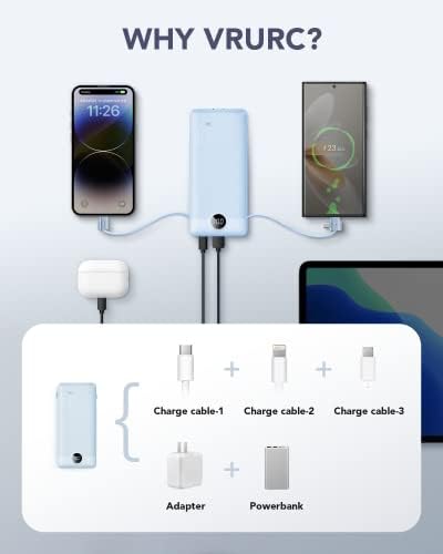 VRURC 10,000 m Ah USB C Power Bank with Built-in Cables & AC Wall Plug – Compact Lightweight Travel Charger for Smartphones & Tablets – Ultimate Convenience & Enhanced Charging Speed