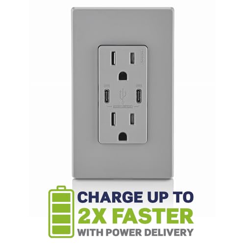 Leviton 60 W Dual USB Type A/Type-C In-Wall Charger – Fast, Efficient Power Delivery Solution for Smartphones, Tablets & Laptops – Tamper-Resistant Outlet in Light Almond for Safe, Clutter-Free Charging Experience – Perfect for Home and Office Use