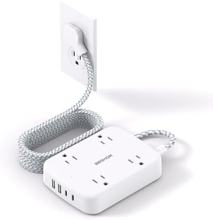 10 FT BESHON Surge Protector Power Strip with 4 Outlets & 4 USB Ports – Flat Extension Cord with 2 USB-C for Fast Charging – Space-Saving Flat Plug Design – 900 Joules Surge Protection for Home, Office & Dorm Room Essentials – Ultimate Power Management Solution