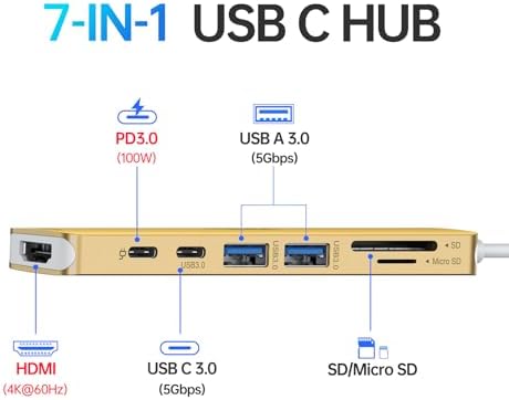 Ultimate 7-in-1 USB C Hub HDMI Adapter for Mac Book Pro & Air – High-Speed 4 K HDMI, Dual USB 3.0, SD/TF Card Reader, and 100 W Power Delivery – Compact and Durable Dongle for Seamless Connectivity with Dell XPS & Lenovo Think Pad