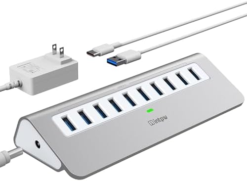 Ultimate 10-Port USB Hub 10 Gbps – Powered Aluminum Data Hub with 7 USB 3.1 Ports & 3 Fast Charging Ports for Mac, PC, and Laptop – 36 W Power Adapter Included, Type A & C Connectivity for Enhanced Performance and Speed