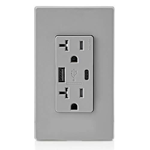 Leviton Dual USB In-Wall Charger with 20 A Tamper-Resistant Outlet – Type A & Type-C Compatibility for Smartphones and Tablets, Light Almond Finish – Streamlined Charging Solution for Home and Office Spaces