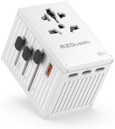 EZQuest 35 W Ga N 5-Port Universal Travel Charger – Compact International Adapter with 4 Plug Types (US/UK/EU/AU) for Global Use – 4 USB-C & 1 USB-A Ports with PD Fast Charging – Lightweight Black Design for Effortless Portability and Device Protection
