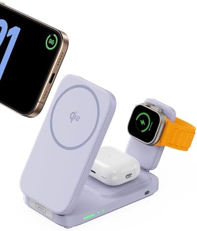 Ultimate INIU 3-in-1 Magnetic Wireless Charging Station for Apple Devices – 15 W Fast Charger for i Phone 16 Pro Max, 15, 14, 13, 12, Compatible with Apple Watch Series 10/9/8/SE/Ultra & Air Pods 4/3/2/Pro – Travel-Friendly Foldable Design for Effortless Portability and Enhanced Device Compatibility