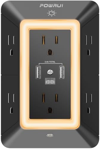 Maximize Your Charging Efficiency with the POWRUI 6-Outlet Extender & USB Wall Charger – Versatile Surge Protector with Dual 2.4 A USB Ports, Integrated Night Light, 3-Sided Design for Optimal Space Utilization, ETL Certified Safety, Ideal for Home and Office Use