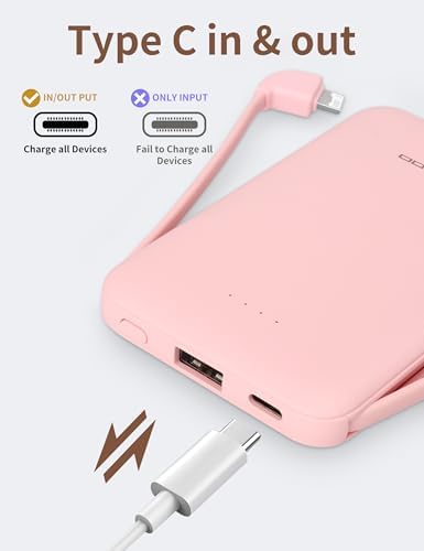 Ultra-Slim 5000 m Ah Power Bank with Built-In USB-C Cables – Dual Charging External Battery Pack for i Phone & Android – Lightweight Travel Companion in Black & Pink – Effortless Portability and Enhanced Device Compatibility