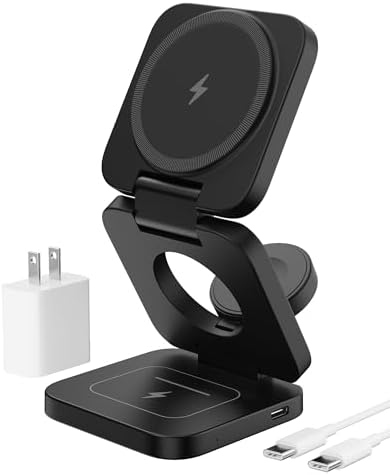 X55 Magnetic Foldable 3-in-1 Charging Station for Apple Devices – 15 W Fast Wireless Charger for i Phone 16, 15, 14, 13, 12 Series, 5 W Apple Watch Power Station, Portable Air Pods Charging Stand – Sleek Black Design for Travel and Home Use