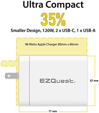 EZQuest 120 W Ga N USB-C Charger with 2 USB-C & 1 USB-A Ports – Travel-Ready Fast Charging Block with 2 Meter Cable – Compatible with Mac Book Pro, i Pad Pro & All Type-C Devices for Ultimate Power Efficiency