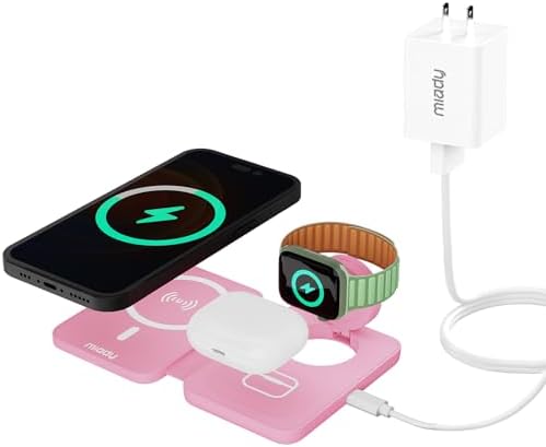 Miady 3-in-1 Magnetic Wireless Charging Station – Ultra-Fast 18 W Travel Charger for i Phone 15/14/13/12 Pro Max, Apple Watch Series Ultra/8/7/6/5/4/3/2/SE, and Air Pods 3/2 – Compact, Portable Design for Effortless Charging and Unmatched Device Compatibility