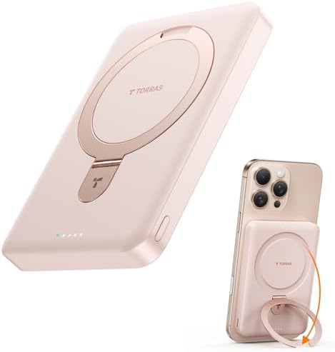 TORRAS Magnetic 10000 m Ah Portable Power Bank – Ultra-Slim Wireless Charger for i Phone with Fast Charging & Integrated O-Stand, Compatible with Mag Safe, 16 Pro Max, Pro, 15, 14, 13, 12 – Essential Travel Companion for Effortless Connectivity