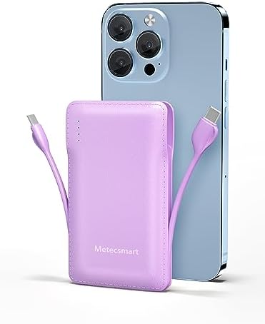 Ultra-Slim 10000 m Ah Portable Charger with Integrated Dual Cables – Fast Charging Power Bank for Android & i OS Devices – Compact Travel Essential with USB-C In/Out for Ultimate Convenience and Enhanced Compatibility