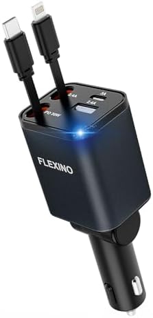 Premium Flexino Compact Retractable Car Charger for i Phone 16 – 69 W Fast Charging with Dual 2.6 ft USB C Cords | Efficient Power Adapter Compatible with i Phone 16/15/14/13/12 Series & Galaxy Devices | Sleek Grey Design for Ultimate Portability and Reduced Cable Clutter