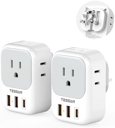 Ultimate TESSAN 20 W UK Travel Adapter – Smart Foldable Type G Plug Converter with 4 Outlets & 3 Fast Charging USB Ports (PD 20 W & USB-C) for Global Adventures in Scotland, London, Ireland, and Dubai