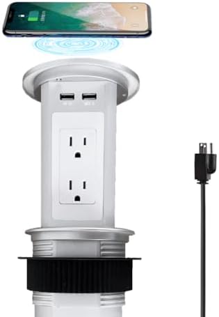 ZESHAN Sleek Pop-Up Power Outlet with 15 W Wireless Charging Station – Dual US Outlets, USB A & USB C PD Fast Charging Ports for Effortless Connectivity at Home or Office – Ideal for Conference Tables and Kitchen Counters, Modern Black Finish