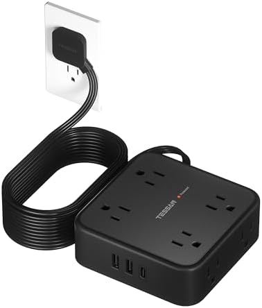 TESSAN Power Strip Tower Surge Protector: 8 AC Outlets & 3 USB Ports (1 USB-C) with 900 Joules Protection, 5 FT Flat Plug Extension Cord – Ultimate Desk Charging Station for Home Office and Dorm Room Efficiency