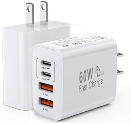 60 W High-Efficiency Multiport USB-C Charger Block – Versatile 4-Port Power Adapter with Dual Type C and USB-A Ports for Rapid Charging of i Phone 16 Pro Max, i Pad Pro & Galaxy Devices – Compact Wall Plug Perfect for Home, Office, and Travel Convenience