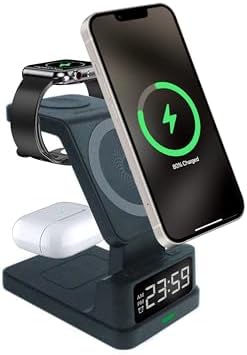 Wireless Charging Station with digital clock, 4 in 1 charging stand for multiple devices: Apple watch ultra, iPhone pro-max/plus/mini, airpods pro – Enhanced Compatibility and Speed