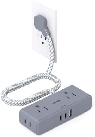 BESHON 10 ft Flat Plug Extension Cord with 4 Wide Outlets & 3 USB Ports (2 USB-C) – Versatile Power Strip for Home, Office & Dorm – Space-Saving Design with Surge Protection & Fast Charging Capabilities