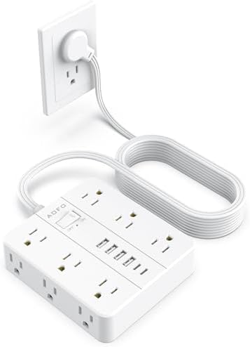 Maximize Your Charging Potential with AOFO 5 Ft Flat Plug Power Strip: 12 Outlet Surge Protector & 6 USB Ports (4 USB-A, 2 USB-C) for Home, Office, and Dorm Use – Reliable, Safe, and Space-Saving Design for All Your Devices