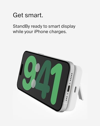 Belkin Wireless Power Bank 5000 m Ah with Mag Safe Compatibility – Portable Charger for i Phone 16 Series, i Phone 15, and Air Pods – 7.5 W Fast Charging with Built-in Kickstand for Hands-Free Use – Lightweight White Design for On-the-Go Charging Solutions