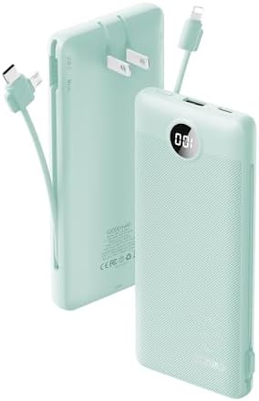 VRURC 10000 m Ah Portable Charger with Built-in Cables & AC Plug – Lightweight USB-C Power Bank for Effortless Device Charging on the Go – Stylish Green External Battery for Smartphones and Tablets – Ultimate Travel Companion for Uninterrupted Connectivity and Enhanced Compatibility