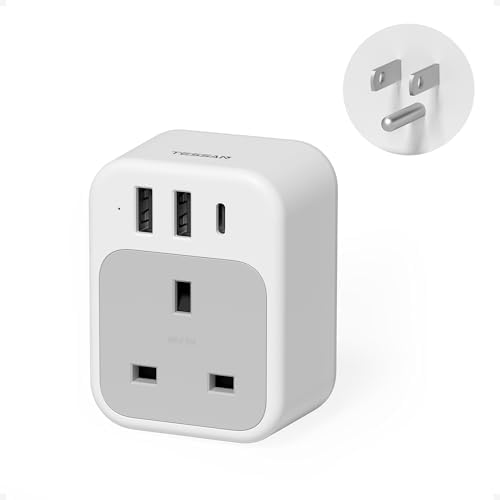 TESSAN Universal Type G UK Travel Adapter with 3 USB Ports & USB-C Charger – Effortless US to UK Plug Conversion for Global Travelers to England, Ireland, Qatar, Hong Kong, Dubai, and More – Compact Power Solution for Fast and Safe Device Charging