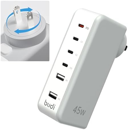 Revolutionize Your Charging Experience with the 6-Port Wall Charger – Compact Multi-Plug Outlet Power Adapter Featuring 180° Rotating Plug and PD 45 W USB-C Charger Block, Perfectly Compatible with i Phone 15 Series, Galaxy Devices, and i Pad for Fast, Efficient Power Delivery and Enhanced Portability